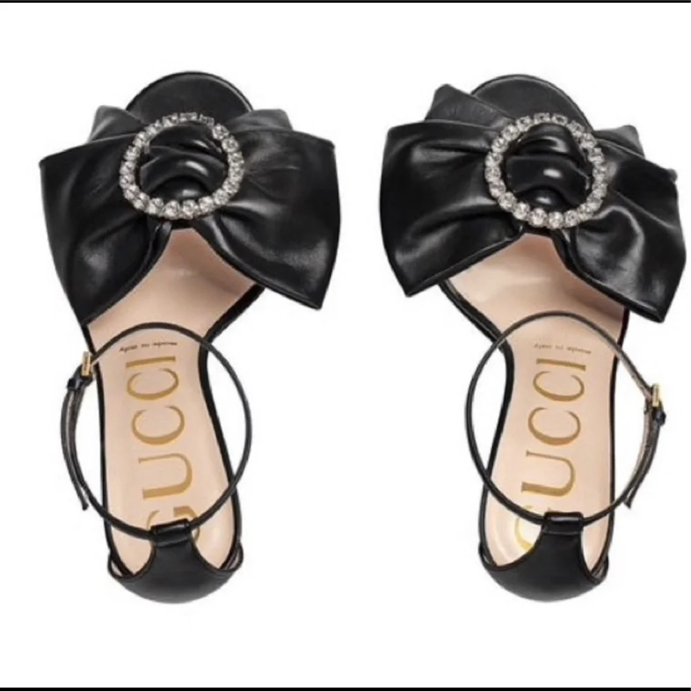 New black leather crystal bow GUCCI stiletto heels 7.5